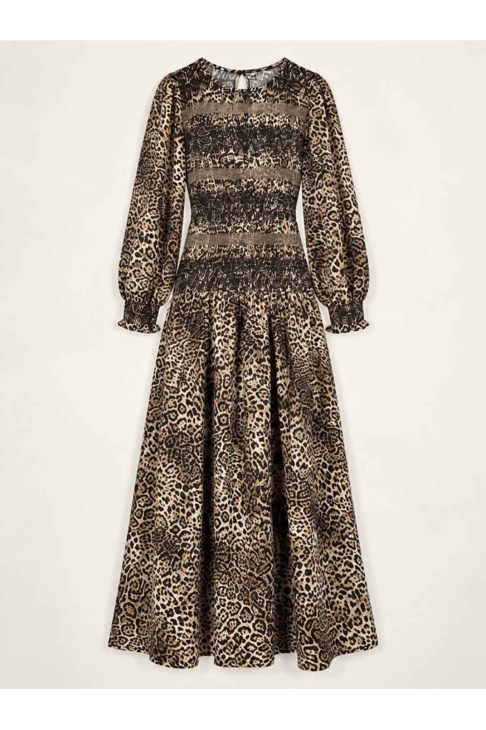 VESTIDO LARGO DE MUJER ESTAMPADO ANIMAL CON CUERPO FRUNCIDO TBL5118