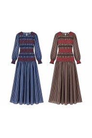 VESTIDO LARGO DE RAYAS CON NIDO DE ABEJA Y MANG TBL5115A ABULLONADA
