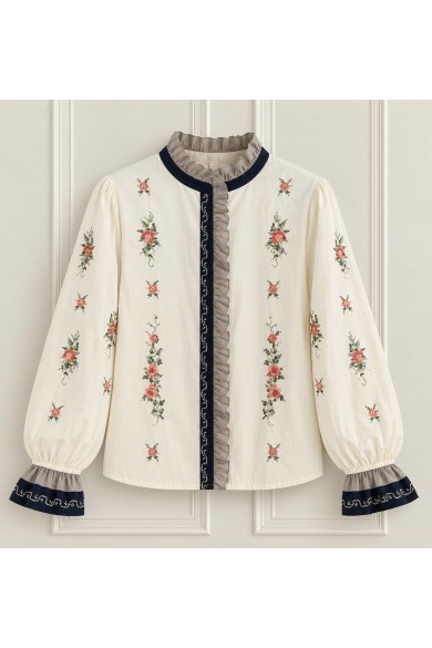 BLUSA BORDADA DE FLORES CON VOLANTES Y MANGA LARGA TB1D2330