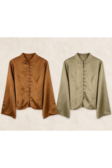 BLUSA SATINADA CON CUELLO MAO BORDADO Y MANGA ACAMPANADA TBL5086