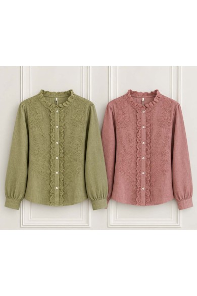 BLUSA DE MUJER BORDADA CON CUELLO DE VOLANTE Y MANGA LARGA TB1D2381