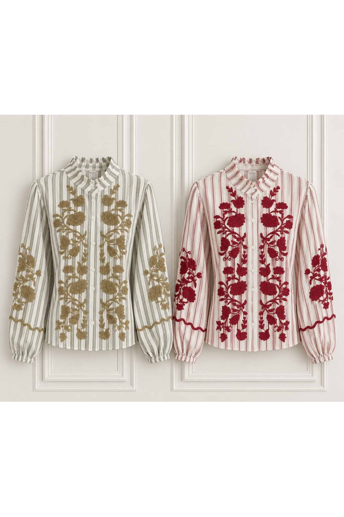BLUSA DE MUJER CON BORDADOS FLORALES Y CUELLO CON VOLANTE TB1D2242