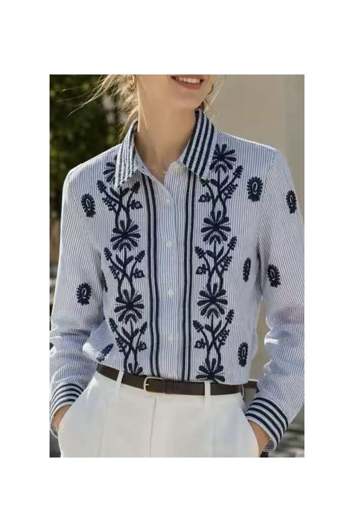 CAMISA DE MUJER A RAYAS CON BORDADOS FLORALES TB1D2368