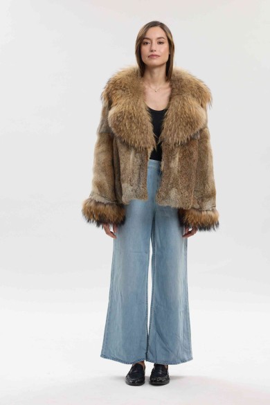 CHAQUETA DE PELO DE CONEJO CON CUELLO Y PUÑOS DE PELO DE MARMOTA PC-LLL5926