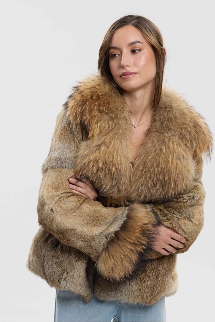 CHAQUETA DE PELO DE CONEJO CON CUELLO Y PUÑOS DE PELO DE MARMOTA PC-LLL5926