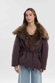 CHAQUETA ACOLCHADA CON CUELLO DE PELO DE ZORRO Y CINTURÓN PC-HNWT728