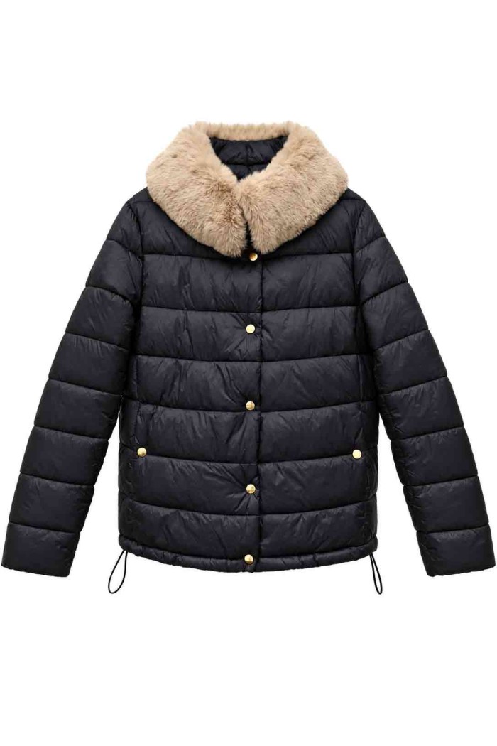 CHAQUETA ACOLCHADA CON CUELLO DE PELO SINTÉTICO NEGRO TY-M9585