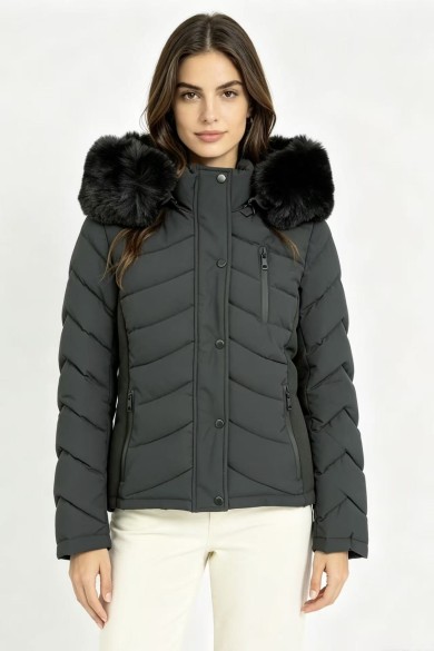 CHAQUETA ACOLCHADA CORTA CON CAPUCHA Y PELO SINTÉTICO 2COLORES OBRF2106