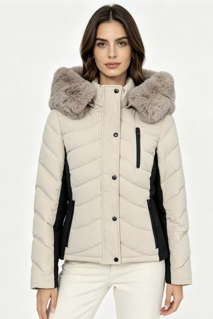 CHAQUETA ACOLCHADA CORTA CON CAPUCHA Y PELO SINTÉTICO 2COLORES OBRF2106