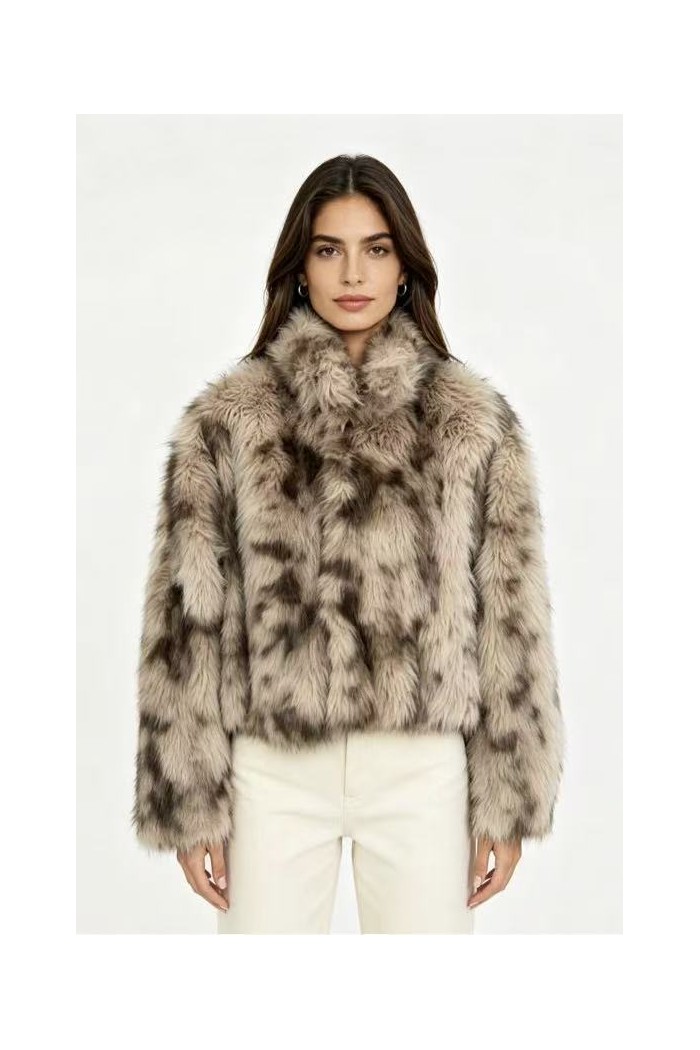 CHAQUETA CORTA DE PELO SINTÉTICO CON ESTAMPADO ANIMAL 2COLORES OBR2118