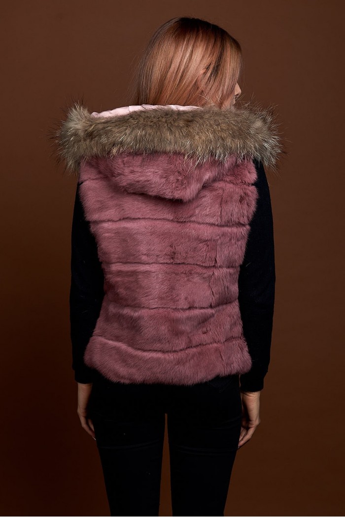 CHALECO CORTO CON CAPUCHA DE PELO DE CONEJO Y PELO DE MARMOTA PC-LLL5434-08