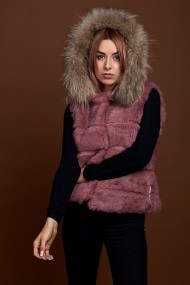 CHALECO CORTO CON CAPUCHA DE PELO DE CONEJO Y PELO DE MARMOTA PC-LLL5434-08