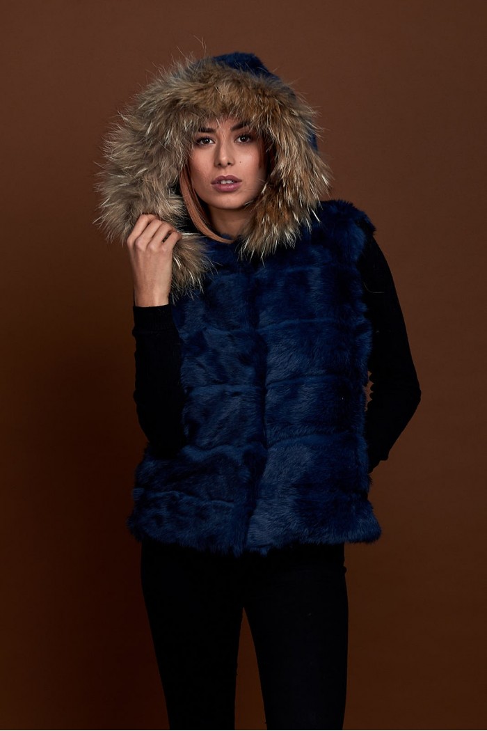 CHALECO CORTO CON CAPUCHA DE PELO DE CONEJO Y PELO DE MARMOTA PC-LLL5434-11