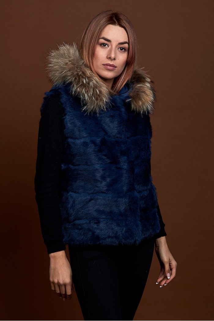 CHALECO CORTO CON CAPUCHA DE PELO DE CONEJO Y PELO DE MARMOTA PC-LLL5434-11