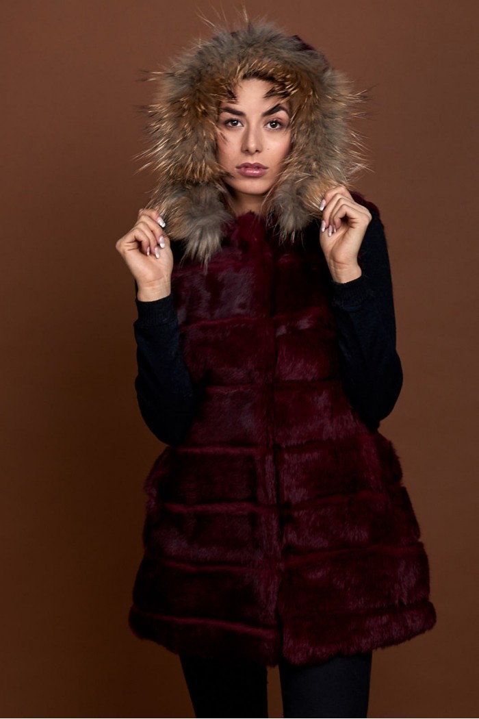 CHALECO LARGO CON CAPUCHA DE PELO DE CONEJO Y PELO DE MARMOTA PC-LLL5435-04