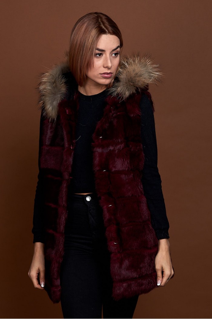 CHALECO LARGO CON CAPUCHA DE PELO DE CONEJO Y PELO DE MARMOTA PC-LLL5435-04