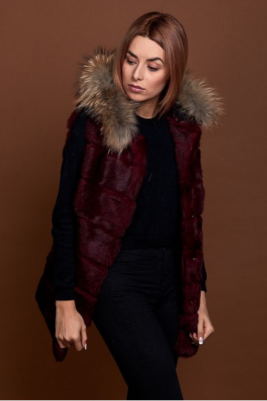 CHALECO LARGO CON CAPUCHA DE PELO DE CONEJO Y PELO DE MARMOTA PC-LLL5435-04
