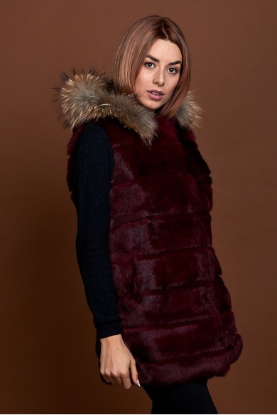 CHALECO LARGO CON CAPUCHA DE PELO DE CONEJO Y PELO DE MARMOTA PC-LLL5435-04