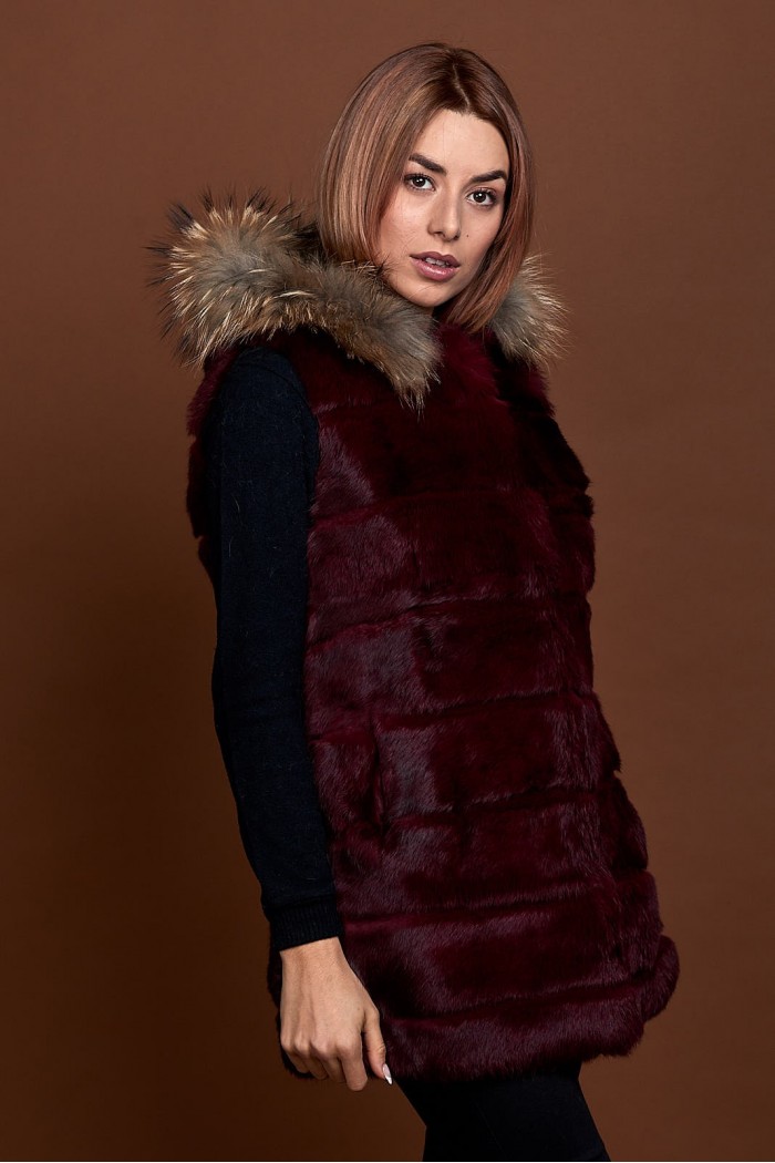 CHALECO LARGO CON CAPUCHA DE PELO DE CONEJO Y PELO DE MARMOTA PC-LLL5435-04