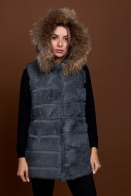 CHALECO LARGO CON CAPUCHA DE PELO DE CONEJO Y PELO DE MARMOTA PC-LLL5435-05