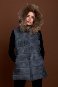 CHALECO LARGO CON CAPUCHA DE PELO DE CONEJO Y PELO DE MARMOTA PC-LLL5435-05