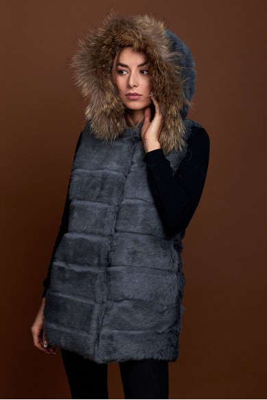 CHALECO LARGO CON CAPUCHA DE PELO DE CONEJO Y PELO DE MARMOTA PC-LLL5435-05