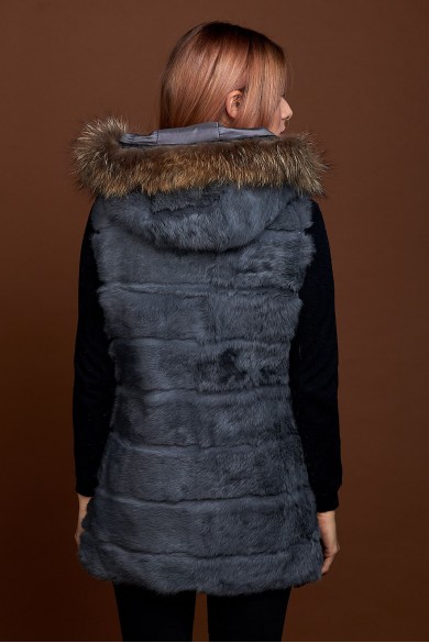 CHALECO LARGO CON CAPUCHA DE PELO DE CONEJO Y PELO DE MARMOTA PC-LLL5435-05