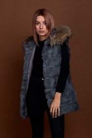 CHALECO LARGO CON CAPUCHA DE PELO DE CONEJO Y PELO DE MARMOTA PC-LLL5435-05