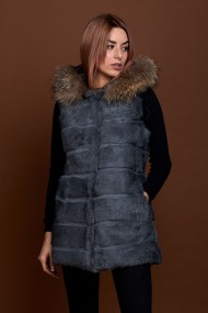 CHALECO LARGO CON CAPUCHA DE PELO DE CONEJO Y PELO DE MARMOTA PC-LLL5435-05