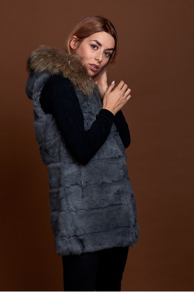 CHALECO LARGO CON CAPUCHA DE PELO DE CONEJO Y PELO DE MARMOTA PC-LLL5435-05