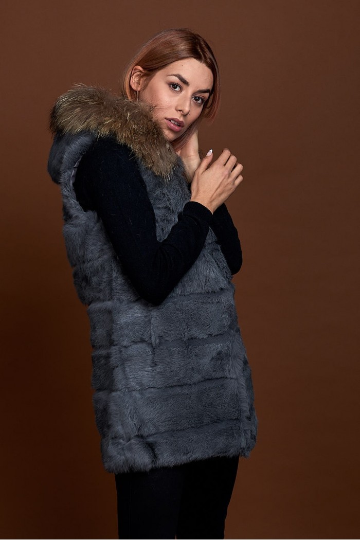 CHALECO LARGO CON CAPUCHA DE PELO DE CONEJO Y PELO DE MARMOTA PC-LLL5435-05