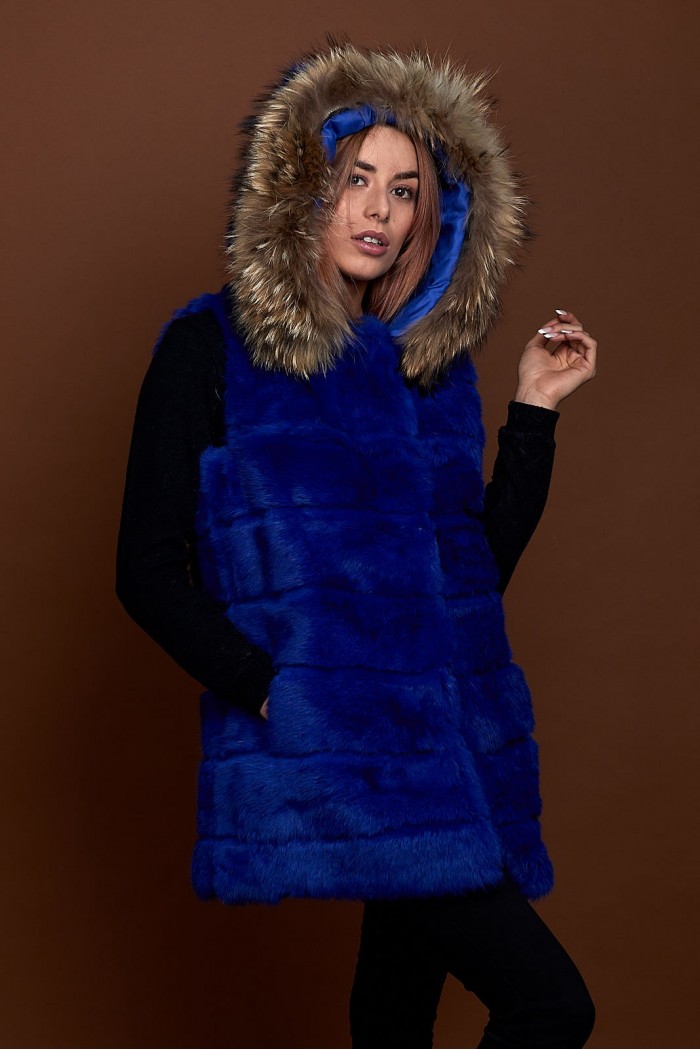 CHALECO LARGO CON CAPUCHA DE PELO DE CONEJO Y PELO DE MARMOTA PC-LLL5435-06