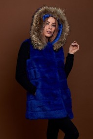 CHALECO LARGO CON CAPUCHA DE PELO DE CONEJO Y PELO DE MARMOTA PC-LLL5435-06