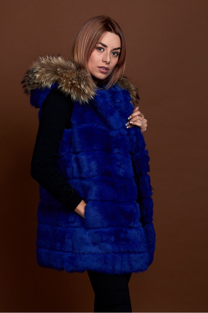 CHALECO LARGO CON CAPUCHA DE PELO DE CONEJO Y PELO DE MARMOTA PC-LLL5435-06