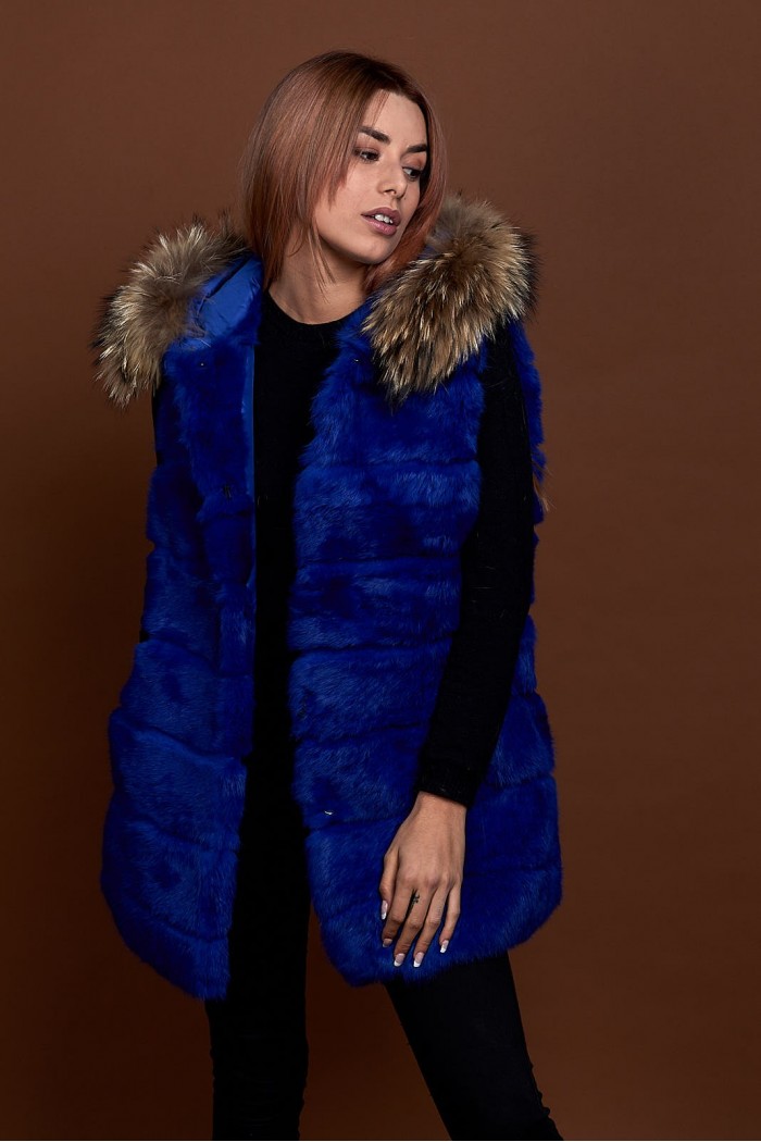 CHALECO LARGO CON CAPUCHA DE PELO DE CONEJO Y PELO DE MARMOTA PC-LLL5435-06