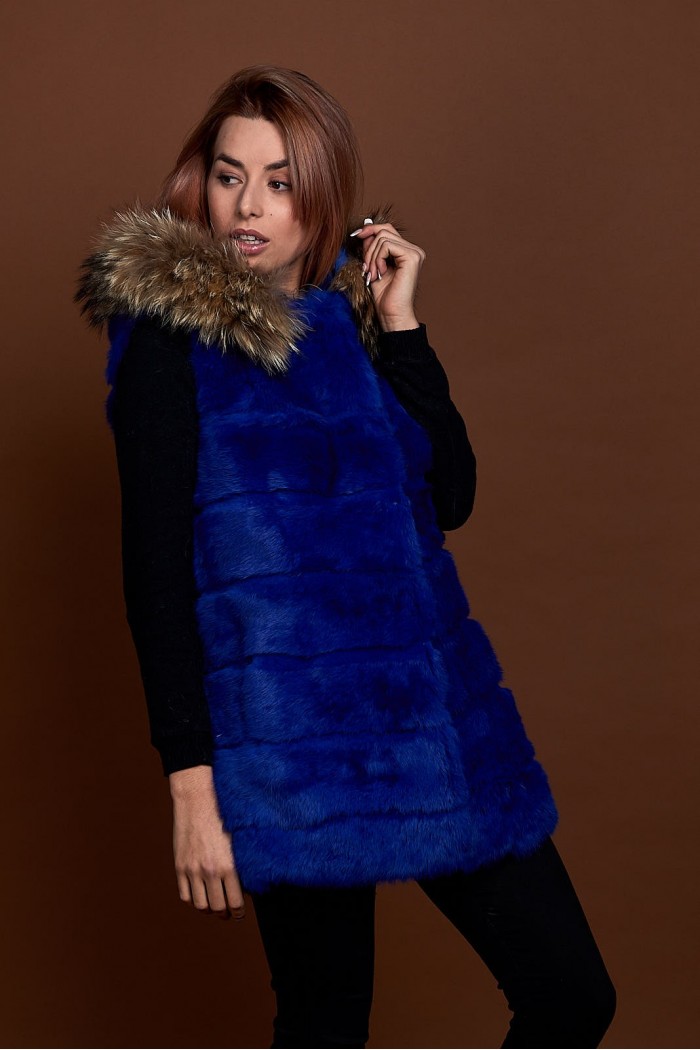 CHALECO LARGO CON CAPUCHA DE PELO DE CONEJO Y PELO DE MARMOTA PC-LLL5435-06