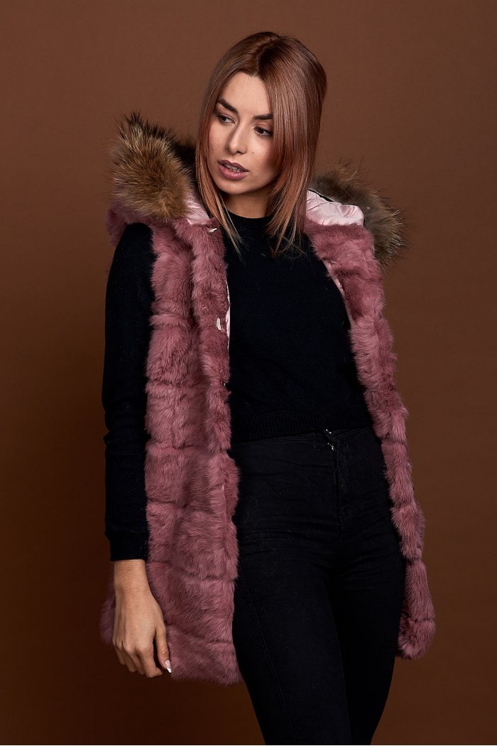 CHALECO LARGO CON CAPUCHA DE PELO DE CONEJO Y PELO DE MARMOTA PC-LLL5435-08