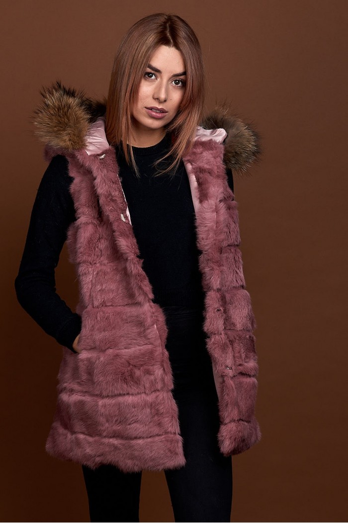 CHALECO LARGO CON CAPUCHA DE PELO DE CONEJO Y PELO DE MARMOTA PC-LLL5435-08