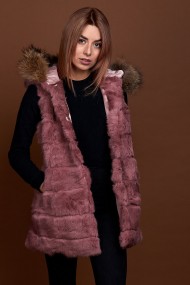 CHALECO LARGO CON CAPUCHA DE PELO DE CONEJO Y PELO DE MARMOTA PC-LLL5435-08