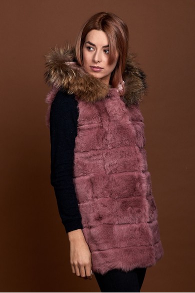 CHALECO LARGO CON CAPUCHA DE PELO DE CONEJO Y PELO DE MARMOTA PC-LLL5435-08