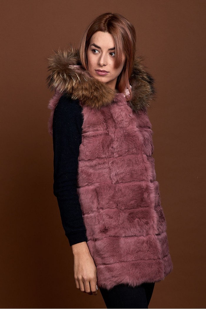 CHALECO LARGO CON CAPUCHA DE PELO DE CONEJO Y PELO DE MARMOTA PC-LLL5435-08