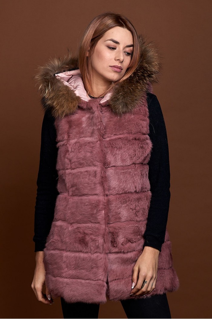 CHALECO LARGO CON CAPUCHA DE PELO DE CONEJO Y PELO DE MARMOTA PC-LLL5435-08