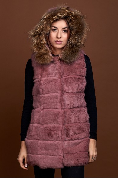 CHALECO LARGO CON CAPUCHA DE PELO DE CONEJO Y PELO DE MARMOTA PC-LLL5435-08