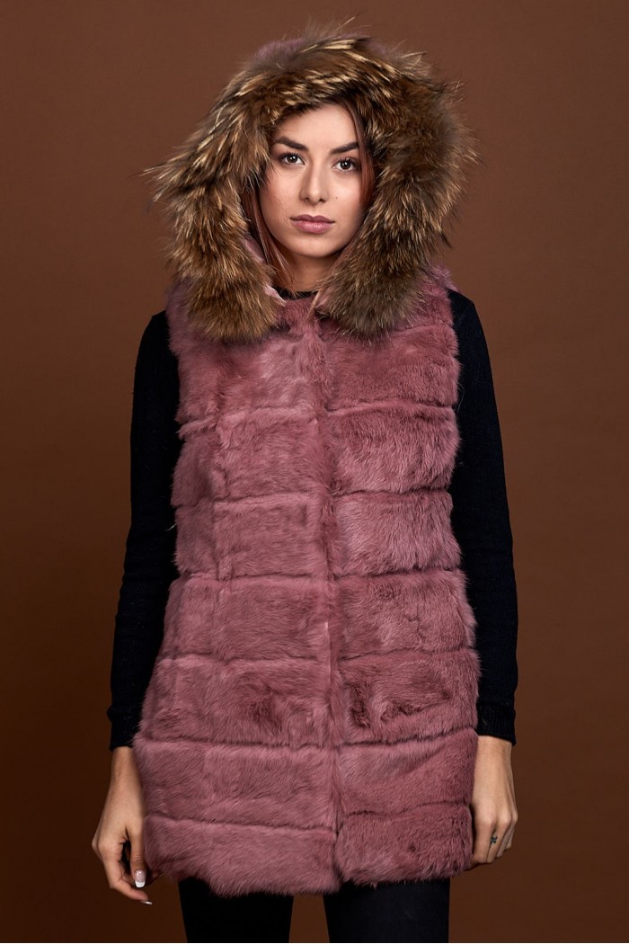 CHALECO LARGO CON CAPUCHA DE PELO DE CONEJO Y PELO DE MARMOTA PC-LLL5435-08