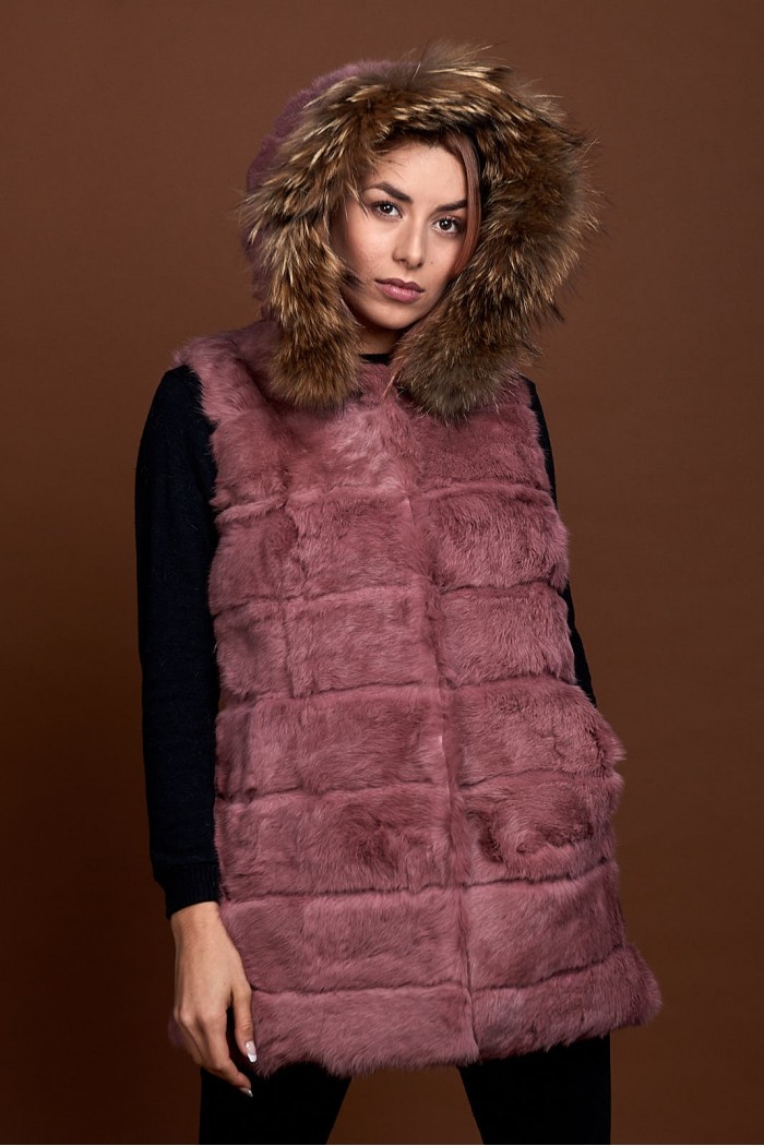 CHALECO LARGO CON CAPUCHA DE PELO DE CONEJO Y PELO DE MARMOTA PC-LLL5435-08