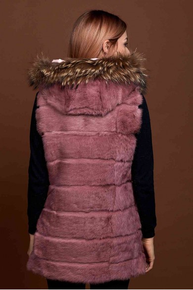 CHALECO LARGO CON CAPUCHA DE PELO DE CONEJO Y PELO DE MARMOTA PC-LLL5435-08
