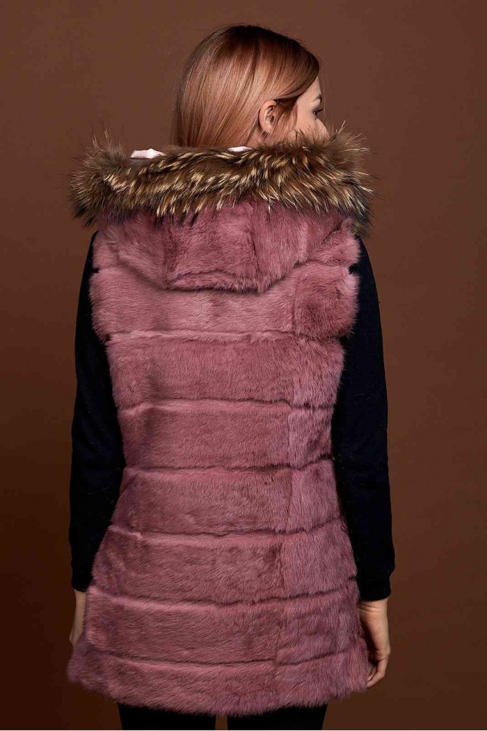 CHALECO LARGO CON CAPUCHA DE PELO DE CONEJO Y PELO DE MARMOTA PC-LLL5435-08