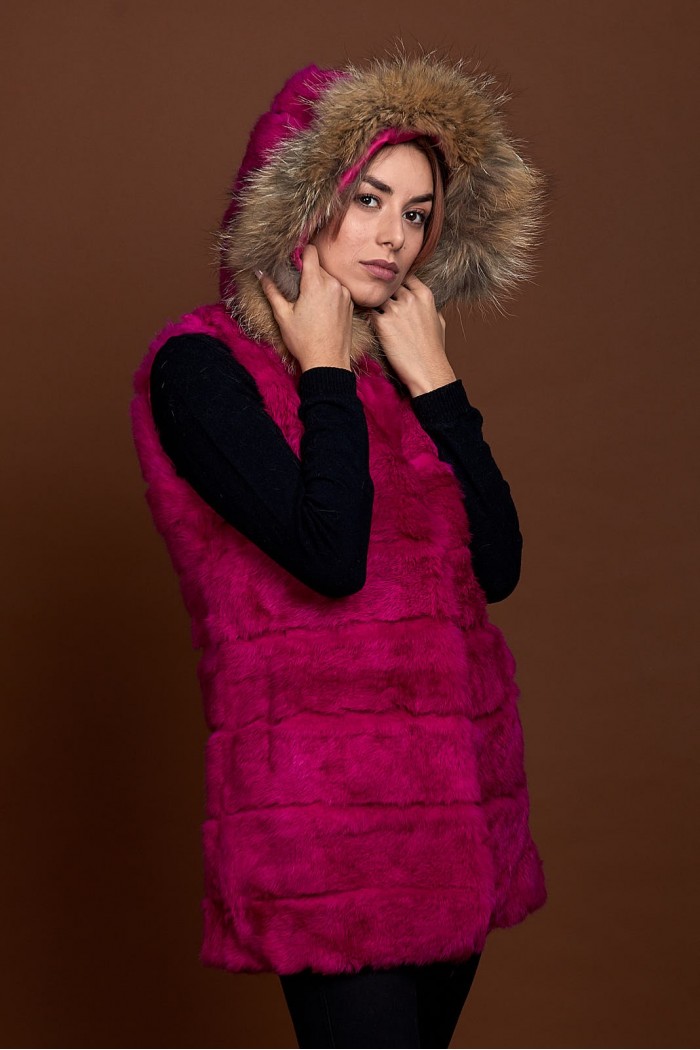 CHALECO LARGO CON CAPUCHA DE PELO DE CONEJO Y PELO DE MARMOTA PC-LLL5435-10