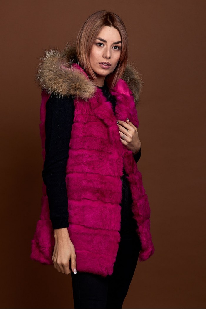 CHALECO LARGO CON CAPUCHA DE PELO DE CONEJO Y PELO DE MARMOTA PC-LLL5435-10