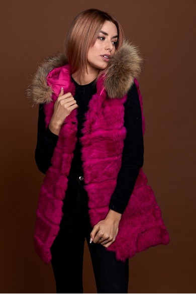 CHALECO LARGO CON CAPUCHA DE PELO DE CONEJO Y PELO DE MARMOTA PC-LLL5435-10
